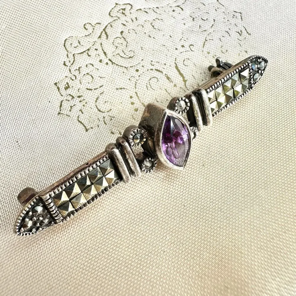 Amethyst Bar Brooch Sterling Silver 925 Vintage Pin Deco Style Charles Winston